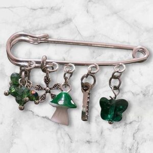 Silver Charm Safety Pin with Green Accents